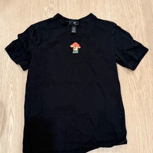 H&M Black T-Shirt with Red Mushroom Design